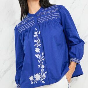 Zara Boho Blue Floral Embroidered Cotton Blouse